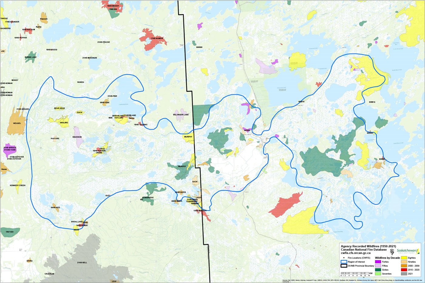 agency-recorded fire history map of the Saskatchewan River Delta (1950 – 2021)
